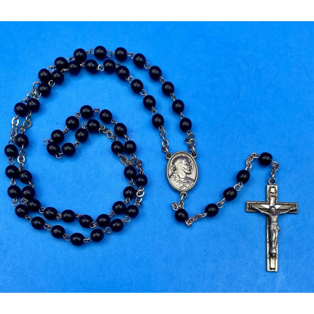 Vintage Beautiful Black Glass Petite Rosary, Jesus, Pewter, Christianity, 15”